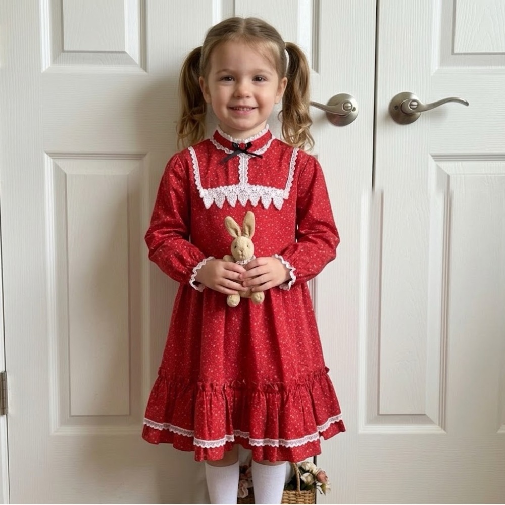 Vintage 1980s Bryan Girls’ Red Lace Trim Dress Size 6X